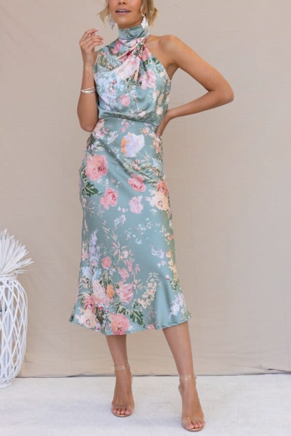 Ibiza Boho 0 Cyan / S WildPinky 2023 New Elegant Halter Stain Dress Print High Waist Summer Party Dress Women Ruched Sleeveless Long Evening Dress