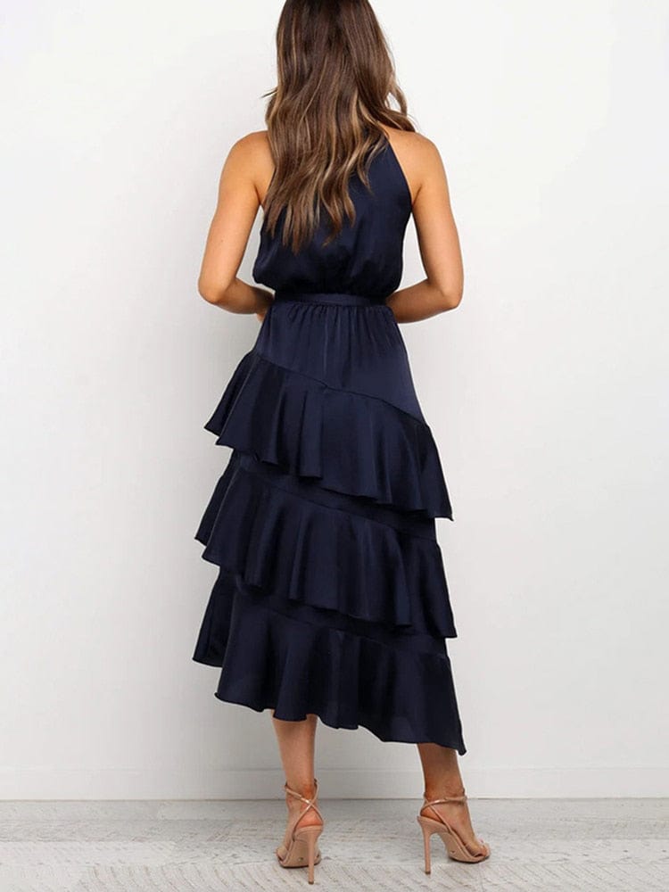 Ibiza Boho 0 WildPinky 2023 New Fashion Stain Women Halter Ruffle Hem Layered Dress Summer Sleeveless OL Tie Up Sashes A-line Long Dresses