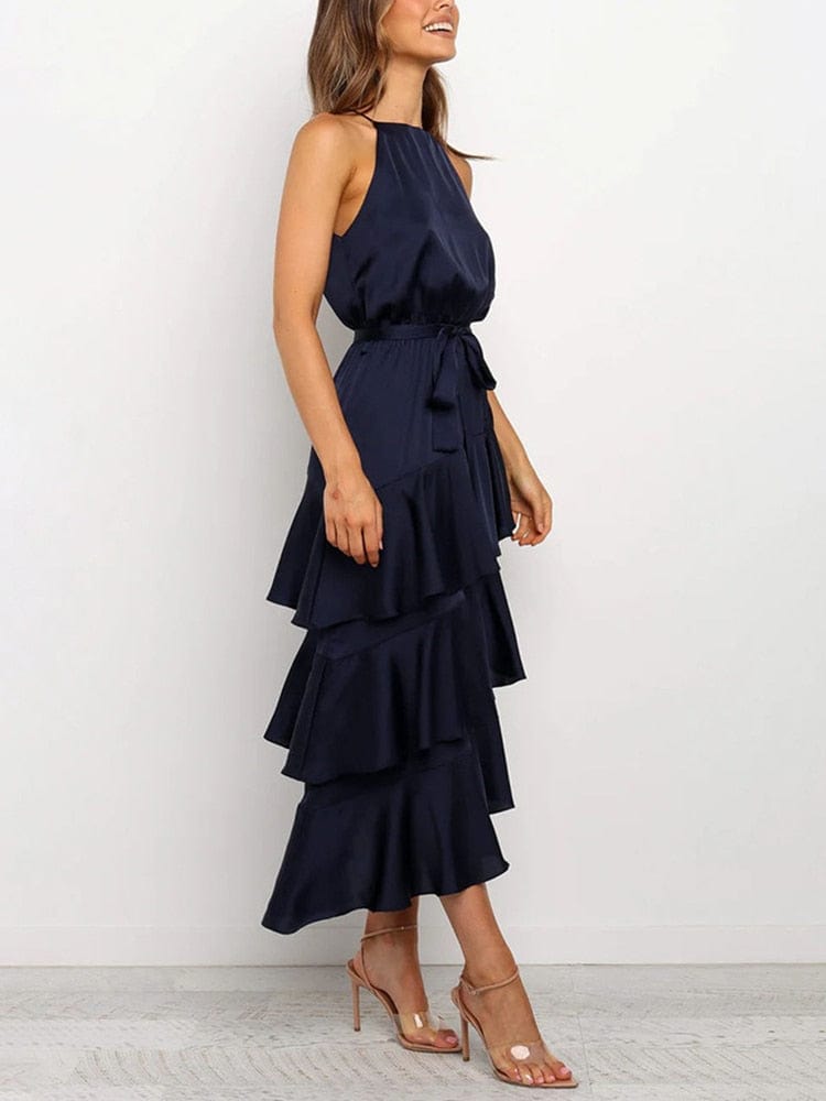 Ibiza Boho 0 WildPinky 2023 New Fashion Stain Women Halter Ruffle Hem Layered Dress Summer Sleeveless OL Tie Up Sashes A-line Long Dresses