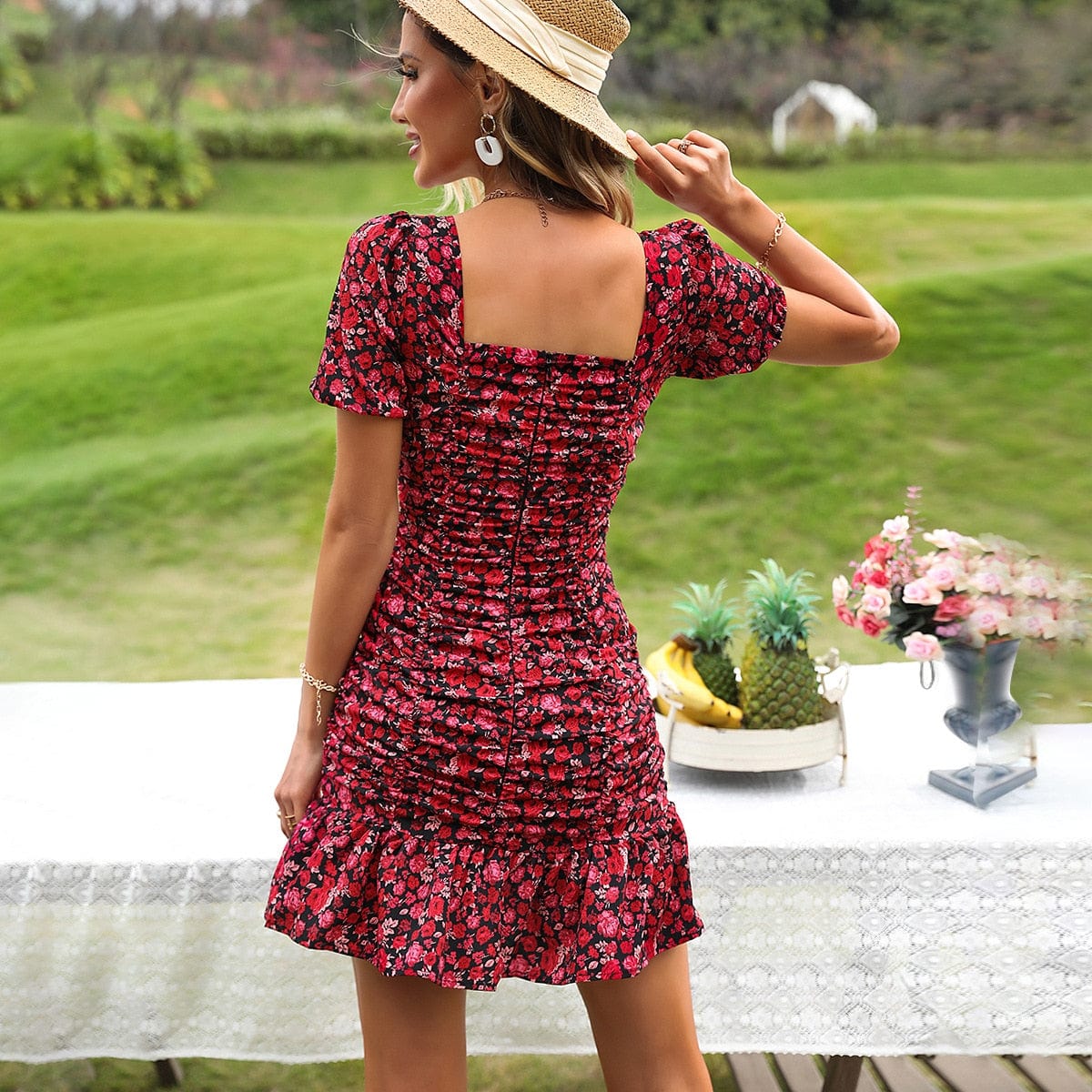 Ibiza Boho 0 WildPinky 2023 New Flower Print Mini Dress Sexy Square Neck Ruffles Beach Dresses Bodycon Short Puff Sleeve Summer Women Dresses