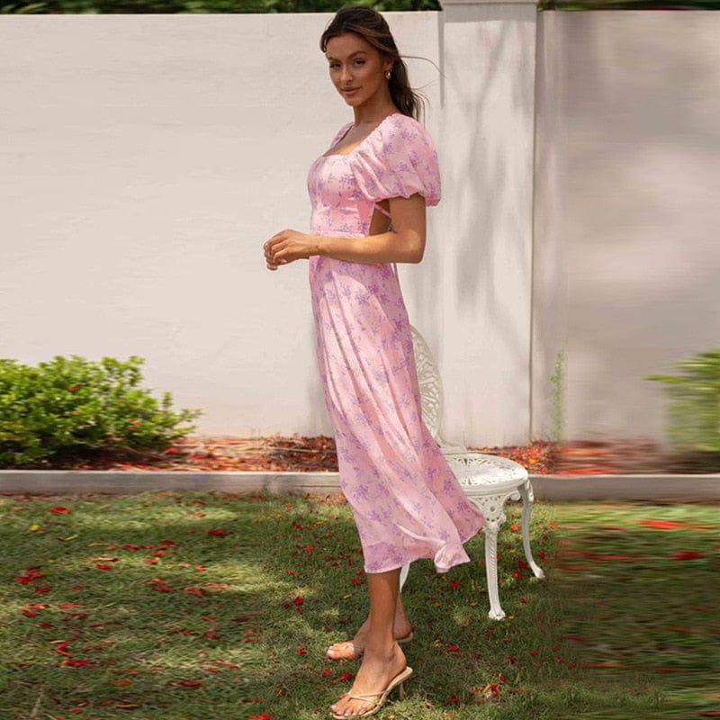 Ibiza Boho 0 WildPinky 2023 New Short Puff Sleeve Women Dress Summer Holiday Slash Neck High Waist Print Backless Tie Up A-line Beach Dress