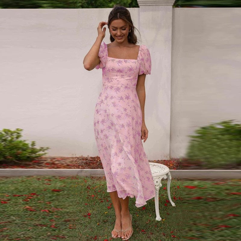 Ibiza Boho 0 WildPinky 2023 New Short Puff Sleeve Women Dress Summer Holiday Slash Neck High Waist Print Backless Tie Up A-line Beach Dress