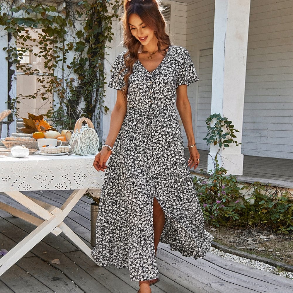 Ibiza Boho Witte Boho Jurk Met V-hals En Split Print