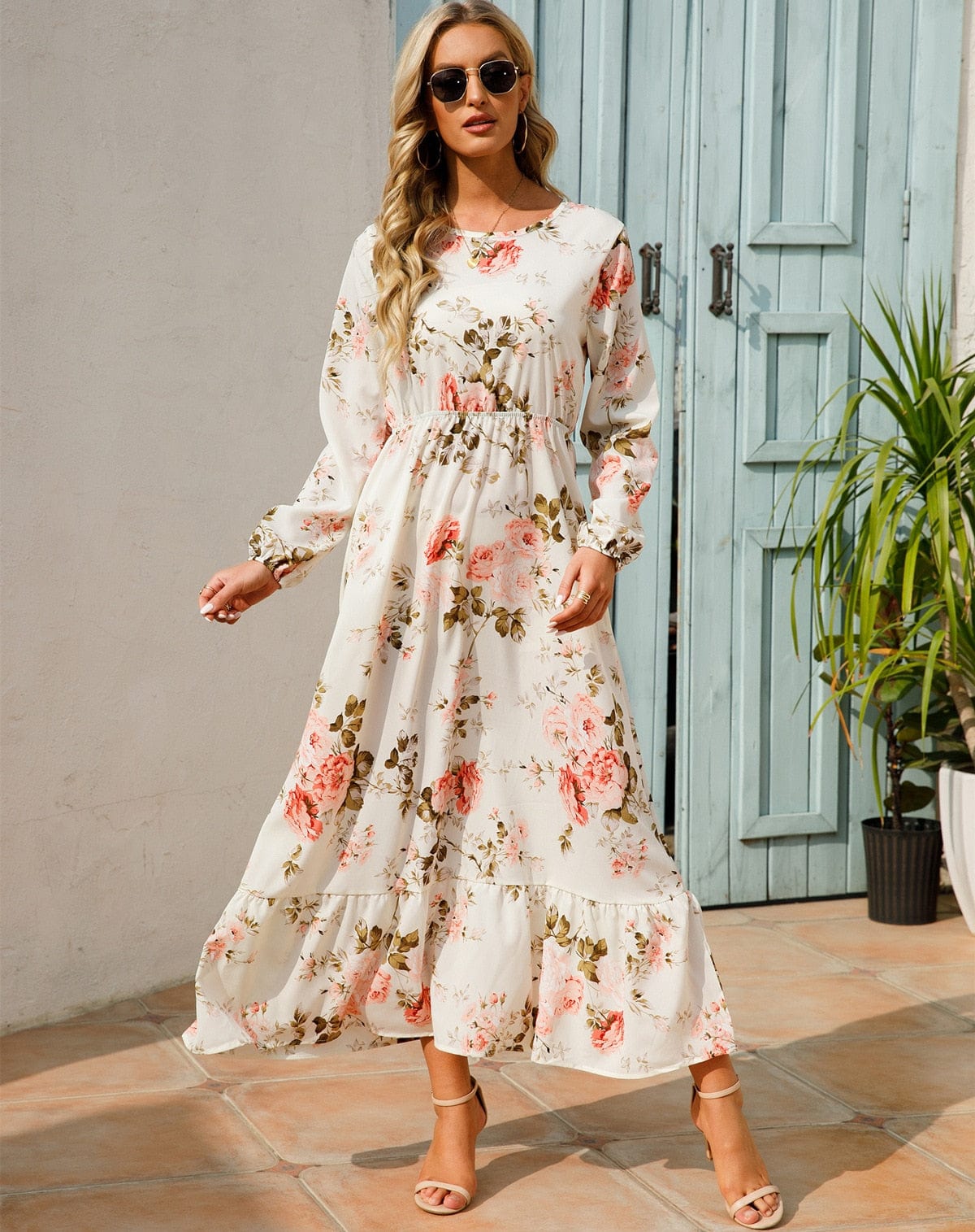 Ibiza Boho S Witte Long Sleeve Maxi Jurk Met Zomerse Bloemenprint