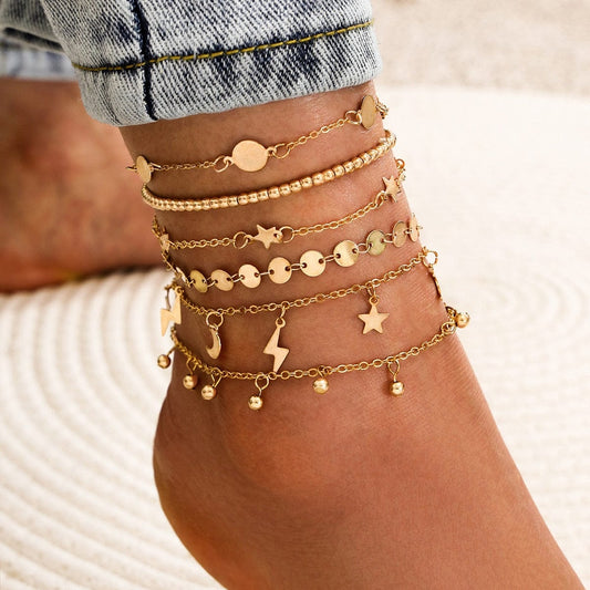 Ibiza Boho 0 4pc/set Bohemia Shell Chain Anklet Sets For Women Sequins Ankle Bracelet On Leg Foot Trendy Summer Beach Jewelry Gift