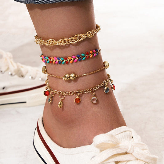 Ibiza Boho 0 4pc/set Bohemia Shell Chain Anklet Sets For Women Sequins Ankle Bracelet On Leg Foot Trendy Summer Beach Jewelry Gift