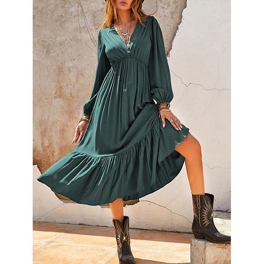 Ibiza Boho Boheemse midi-jurk met ruches groen