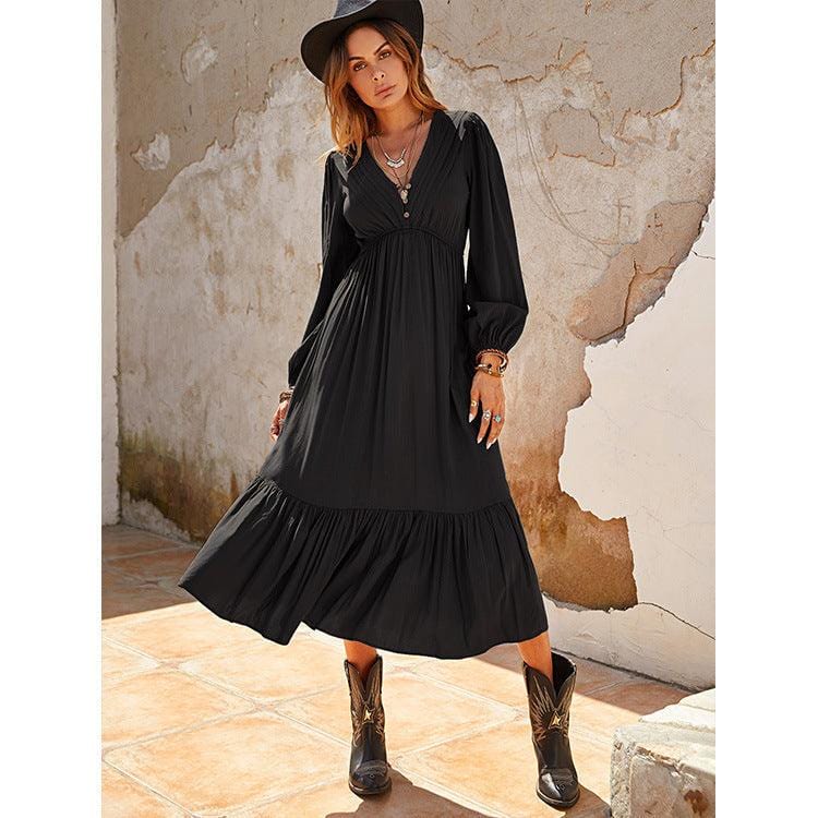 Ibiza Boho Boheemse midi-jurk met ruches zwart
