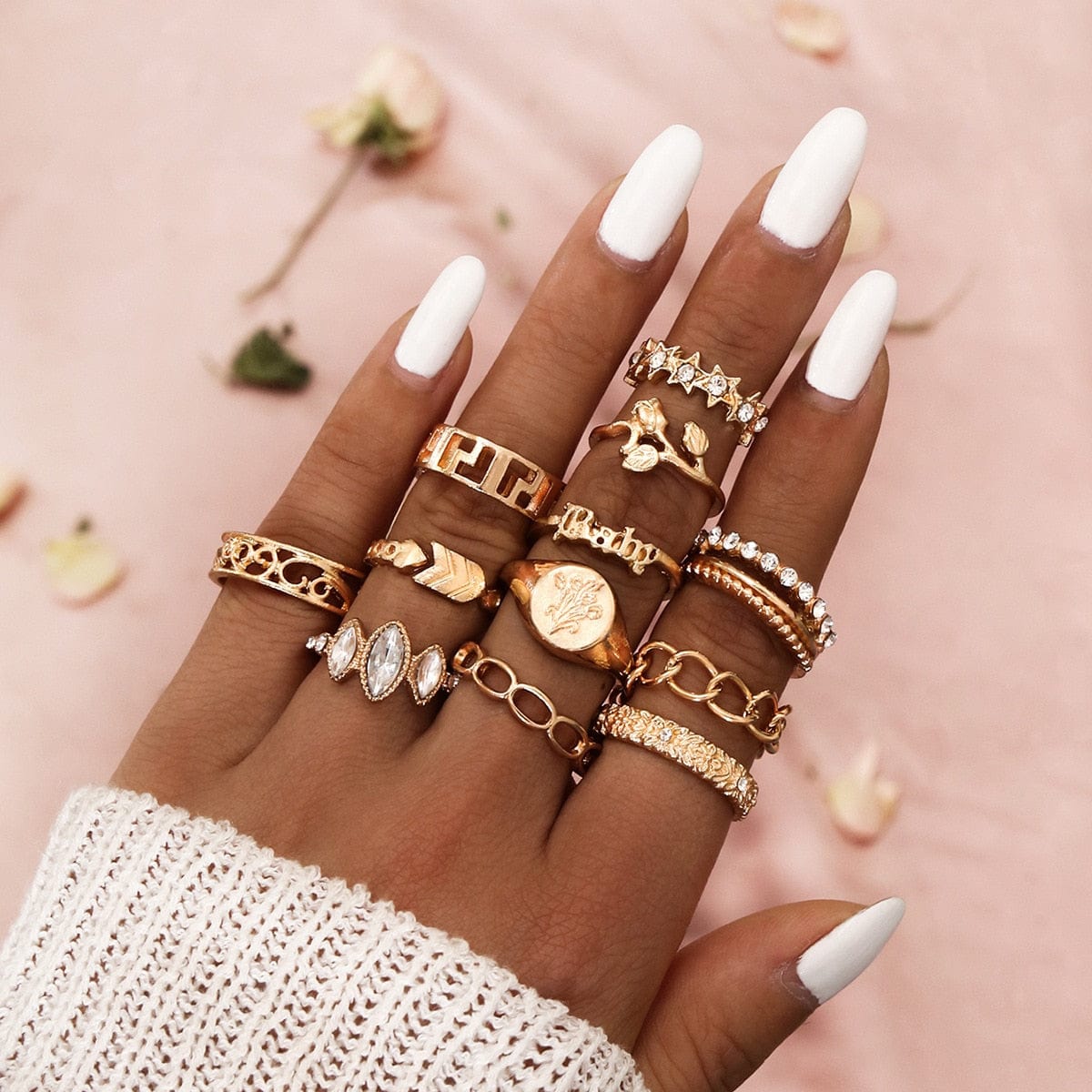 Ibiza Boho 0 Bohemia Rose Flower Finger Rings Set For Women Crystal Geometric Knuckle Chain Ring Female Fashion Jewelry