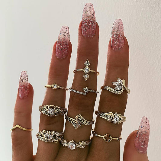 Ibiza Boho 0 Bohemia Rose Flower Finger Rings Set For Women Crystal Geometric Knuckle Chain Ring Female Fashion Jewelry