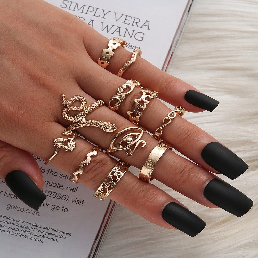 Ibiza Boho 0 Bohemia Rose Flower Finger Rings Set For Women Crystal Geometric Knuckle Chain Ring Female Fashion Jewelry