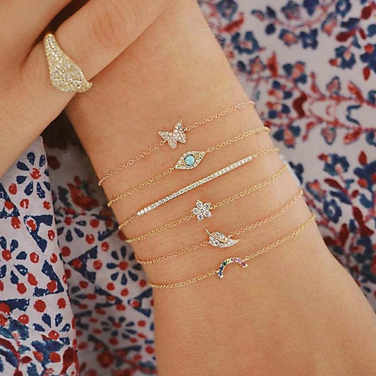 Ibiza Boho Dunne Armbanden Set Goud Met Kleine Bedeltjes Met Diamantjes