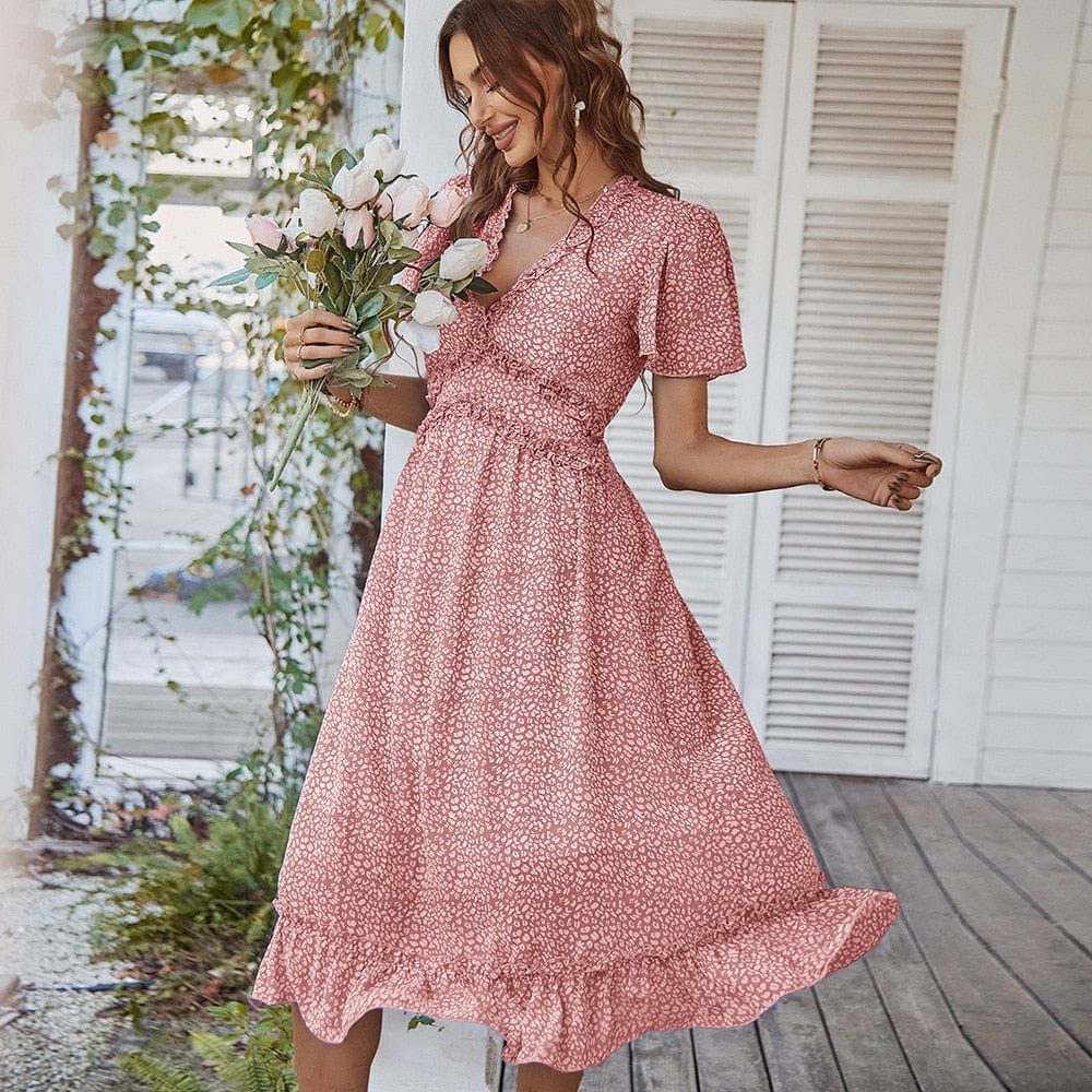 Ibiza Boho 0 Pink / S Elegant Chic Women Dresses Sexy V-neck Short Sleeve Temperament Big Swing Skirt with Ruffles Summer Dress Women 2023