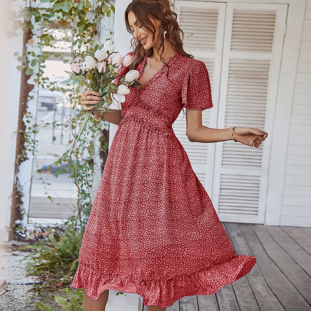 Ibiza Boho 0 Wine Red / S Elegant Chic Women Dresses Sexy V-neck Short Sleeve Temperament Big Swing Skirt with Ruffles Summer Dress Women 2023