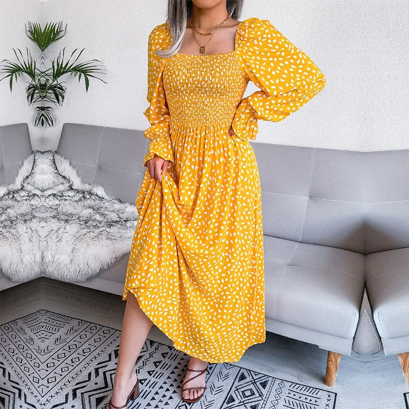 Ibiza Boho 0 Elegant Square Neck Full Sleeve A Line Pleated Printed Long Dress Women&#39;s Fall Winter Chic Dresses