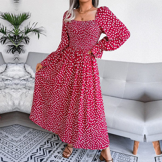 Ibiza Boho 0 Red / S Elegant Square Neck Full Sleeve A Line Pleated Printed Long Dress Women&#39;s Fall Winter Chic Dresses