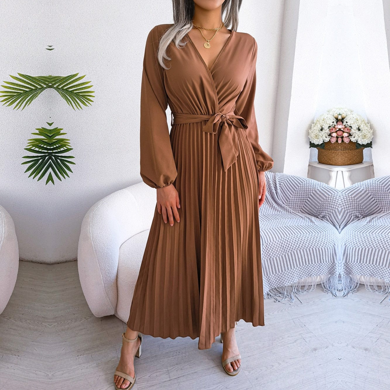 Ibiza Boho 0 coffee / S F 2023 New Women Spring Summer Temperament Cross Solid Color V Neck Large Hem Pleated Long Dress For Fashion