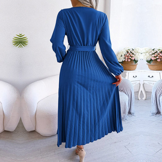 Ibiza Boho 0 F 2023 New Women Spring Summer Temperament Cross Solid Color V Neck Large Hem Pleated Long Dress For Fashion