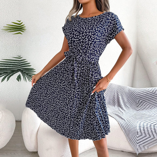 Ibiza Boho 0 deep blue / S Ficusrong Fashion Floral Pleated A Line Long Dress Women Spring Summer Short Sleeve High Waist Chic Dress