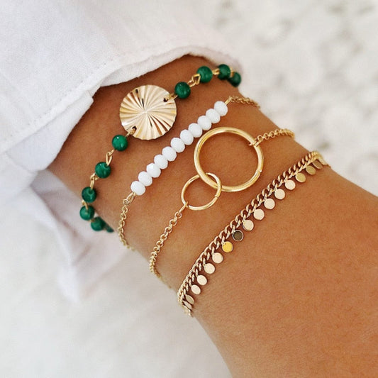 Ibiza Boho Goude Armbanden Set Met Groene En Ronde Bedels