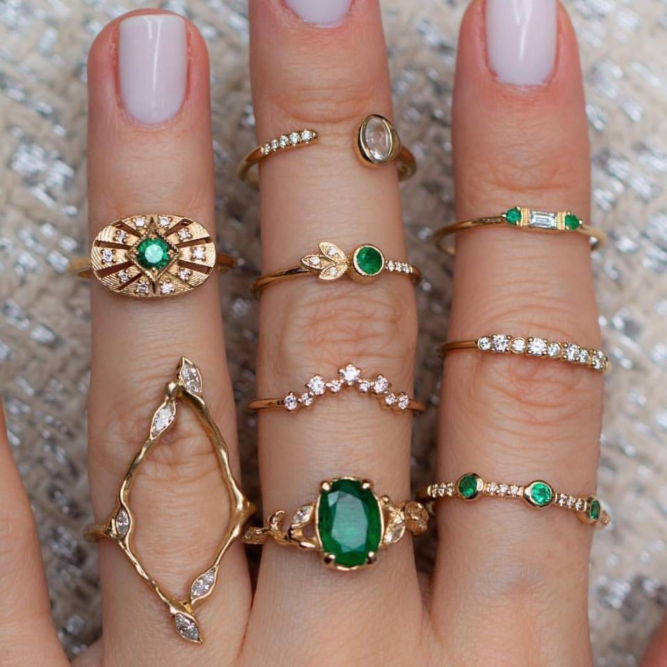 Ibiza Boho Goude Ringen Set Met Groene Stenen