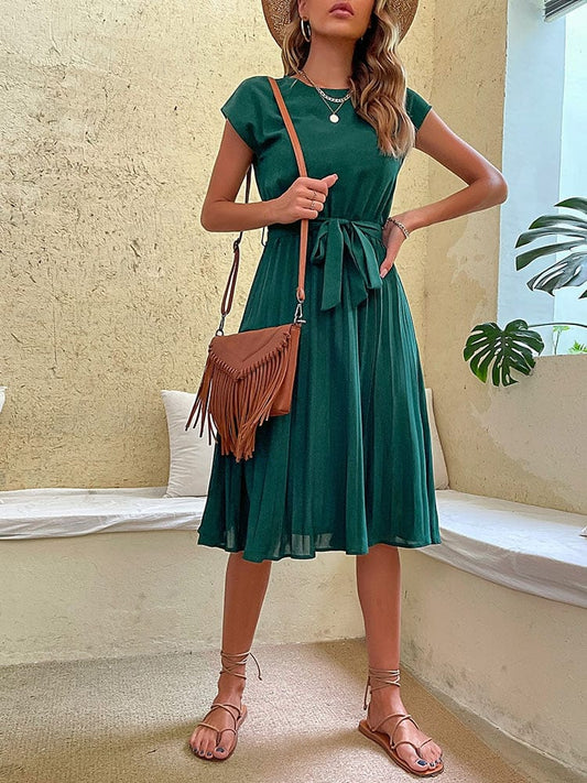 Ibiza Boho 0 JIM &amp; NORA Elegant Women Summer Casual Beach Sundress Short Sleeve Pleated Midi Dress Soild Colour O Neck Tunic Dresses Fashion