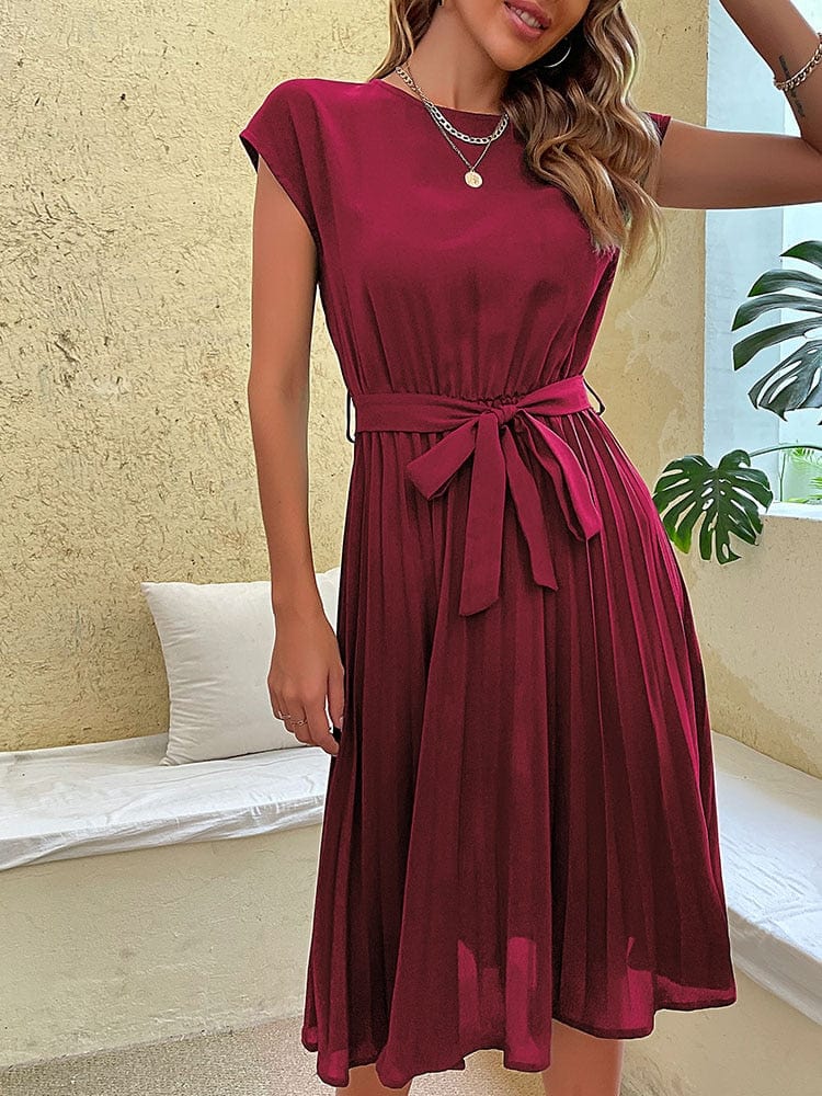 Ibiza Boho 0 Wine Red / S JIM &amp; NORA Elegant Women Summer Casual Beach Sundress Short Sleeve Pleated Midi Dress Soild Colour O Neck Tunic Dresses Fashion