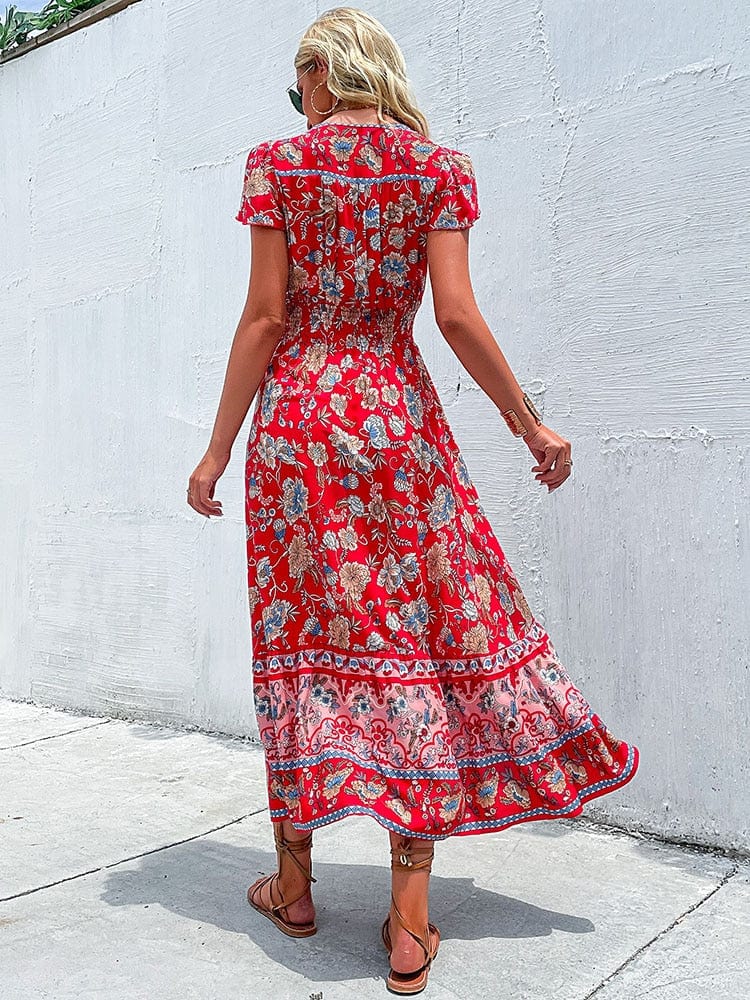 Maxi Bohemian Jurk Met Ibiza Stijl Print En V hals Rood