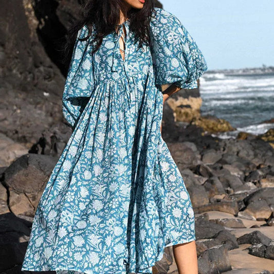 Ibiza Boho Long Sleeve Midi Blauwe Ibiza Bloemen Jurk