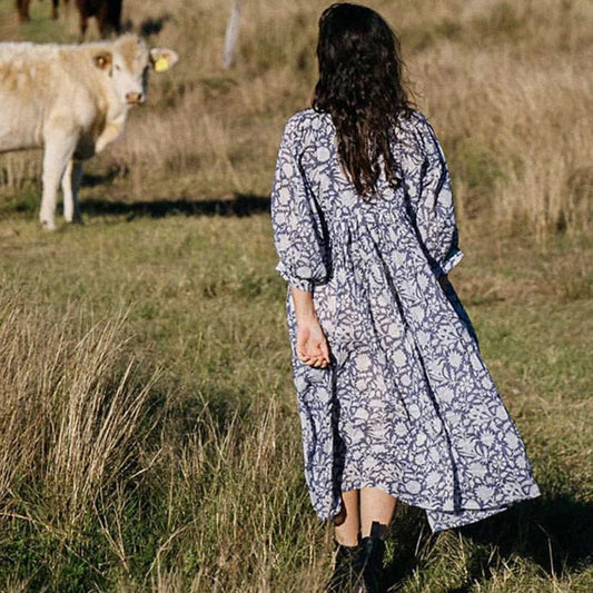 Ibiza Boho Mid-sleeve Midi Donkerblauw Ibiza Bloemen Jurk