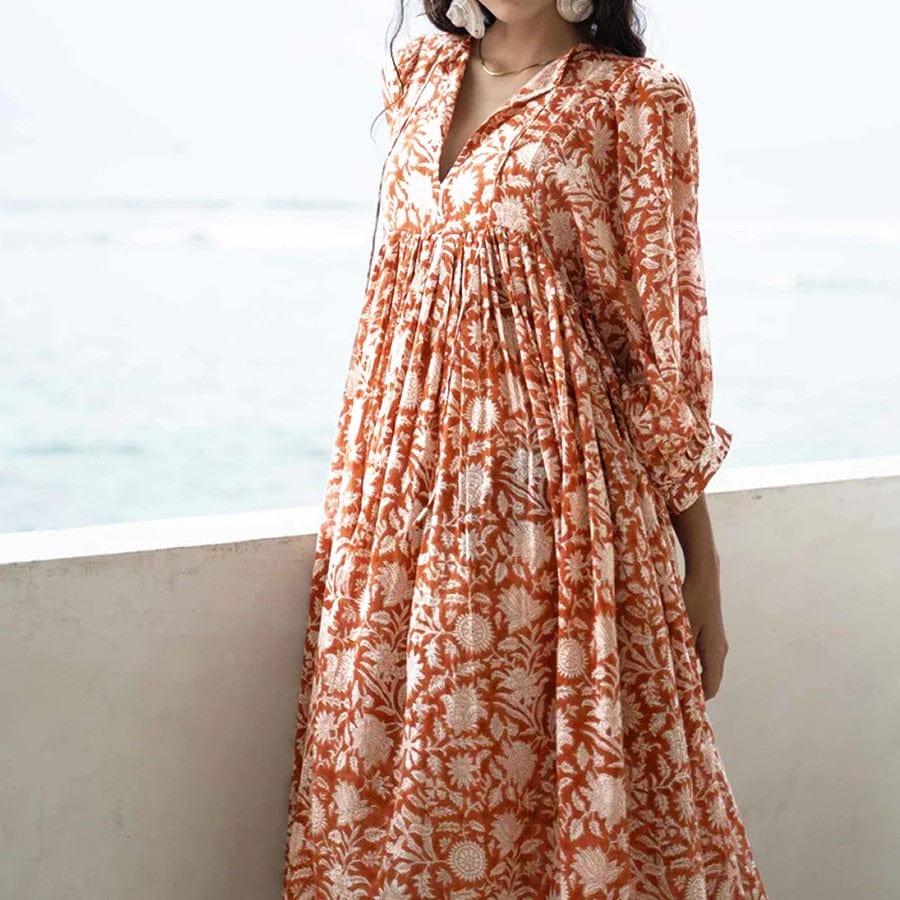 Ibiza Boho Mid-sleeve Midi Oranje Ibiza Bloemen Jurk