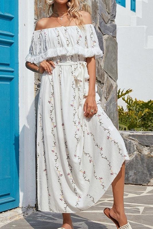 Ibiza Boho Midi Vloeiende Off-shoulder Ibiza Jurk