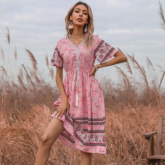 Ibiza Boho Roze Korte Bloemen Landjurk