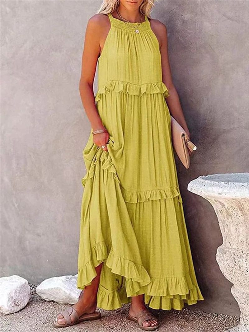 Ibiza Boho 0 Summer Loose Long Dress Women Casual Elegant Ruffle Halter Sleeveless Female Party Outfits Beach Maxi Dresses Green Tie-Up Robe