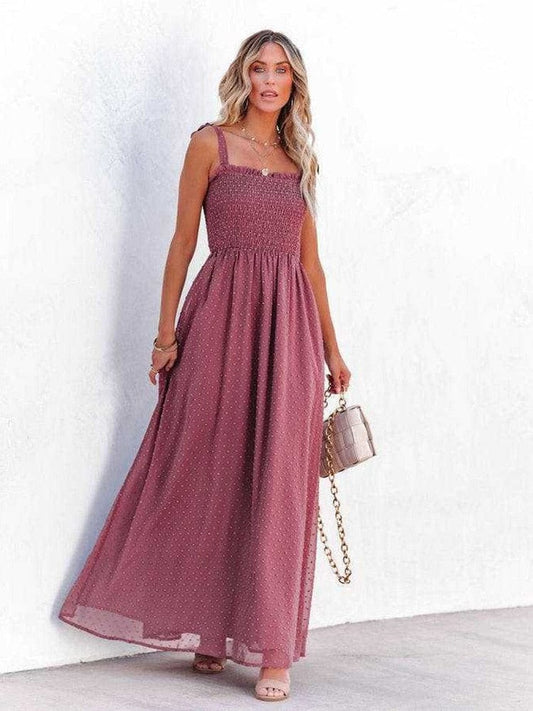 Ibiza Boho 0 WildPinky 2022 Smock Sleeveless Square Collar Mesh Maxi Dress Women Beach Holiday Tulle Sundress Fashion A-line Dot Vestidos