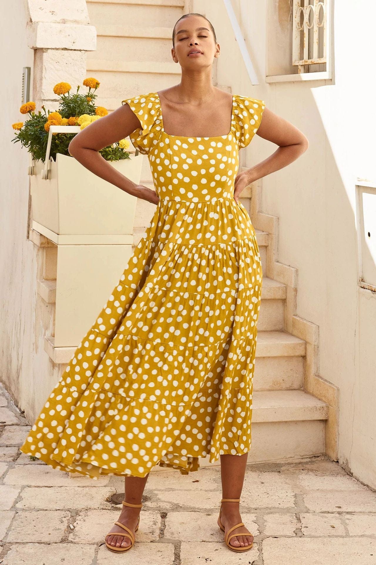 Ibiza Boho 0 Yellow / S WildPinky 2023 New Casual Women Print Dress Square Collar Long Dress Summer Polka Dot Dress Female Butterfly Sleeve Boho Dress