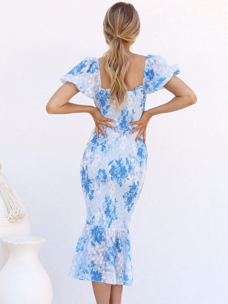 Ibiza Boho 0 WildPinky 2023 New Elegant Printed Puff Sleeve Backless Mermaid Dress Summer Ruffles Slash Neck Tie Up Long Dresses for Women