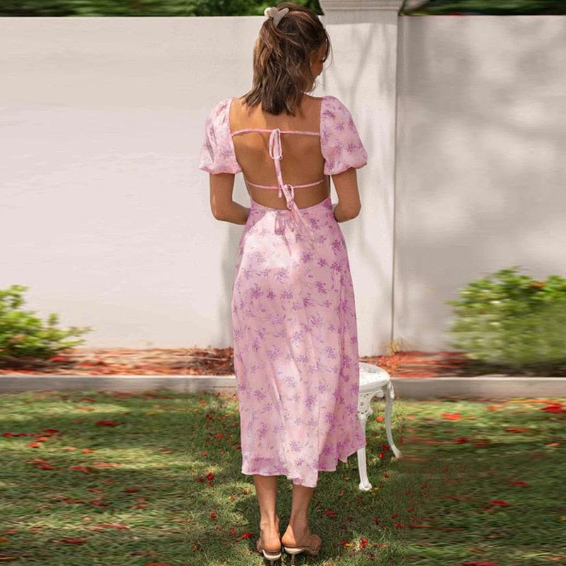 Ibiza Boho 0 WildPinky 2023 New Short Puff Sleeve Women Dress Summer Holiday Slash Neck High Waist Print Backless Tie Up A-line Beach Dress