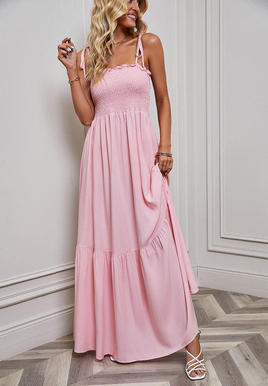 Ibiza Boho 0 Pink / S WildPinky 2023 New Solid Women&#39;s Dress Summer Elegant Sleeveless Maxi Dress Slash Neck Tie Up High Waist A-line Beach Sundress
