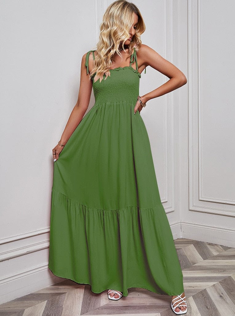 Ibiza Boho 0 Dark Green / S WildPinky 2023 New Solid Women&#39;s Dress Summer Elegant Sleeveless Maxi Dress Slash Neck Tie Up High Waist A-line Beach Sundress