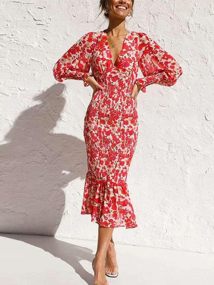 Ibiza Boho 0 Red / S WildPinky 2023 New Spring and Summer Women Dress OL Elastic Waist Long Lantern Sleeve V-neck Printed Ruffle Mermaid Skirt Dress