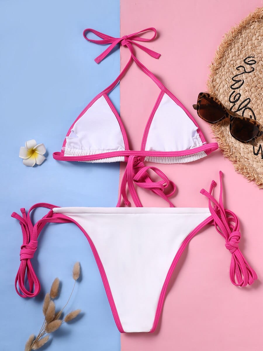 Ibiza Boho Witte Ibiza Bikini met Roze Randen en Touwtjes