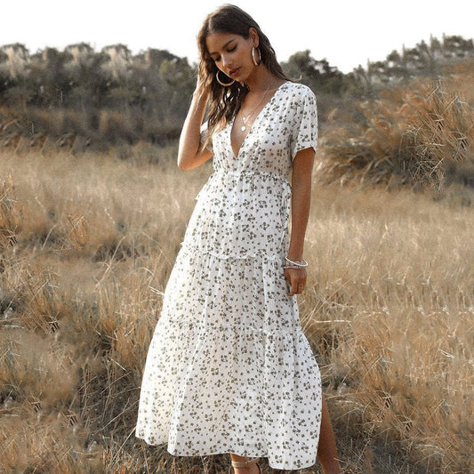 Ibiza Boho Witte Lange Zomerjurk met Print