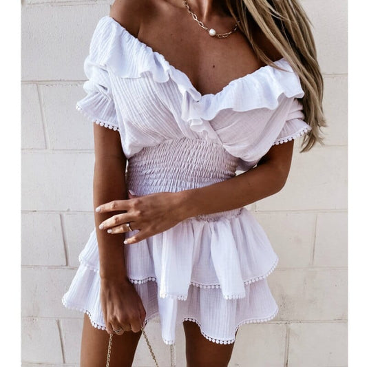 Ibiza Boho S Witte Off-shoulder Ruffle Jurk Zwart