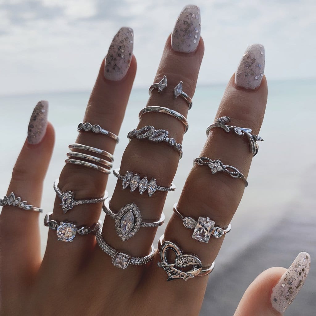 Ibiza Boho Zilveren Ringen Set Met Diamantjes