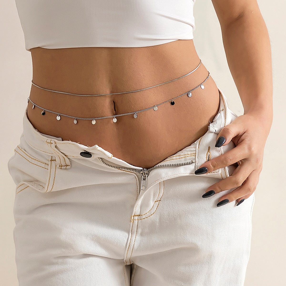 Ibiza Boho Zomerse Belly Chain Met Kleine Ronde Zilvere Steentjes