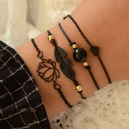 Ibiza Boho Zwarte Armbanden Set Met Goude Tintjes